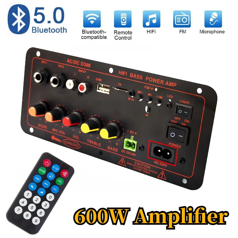 Bluetooth 5.0 Audio 600W Amplifier Board D300 Subwoofer Dual Microphone AMP Amplificatore Module 12V 24V 220V Media Player