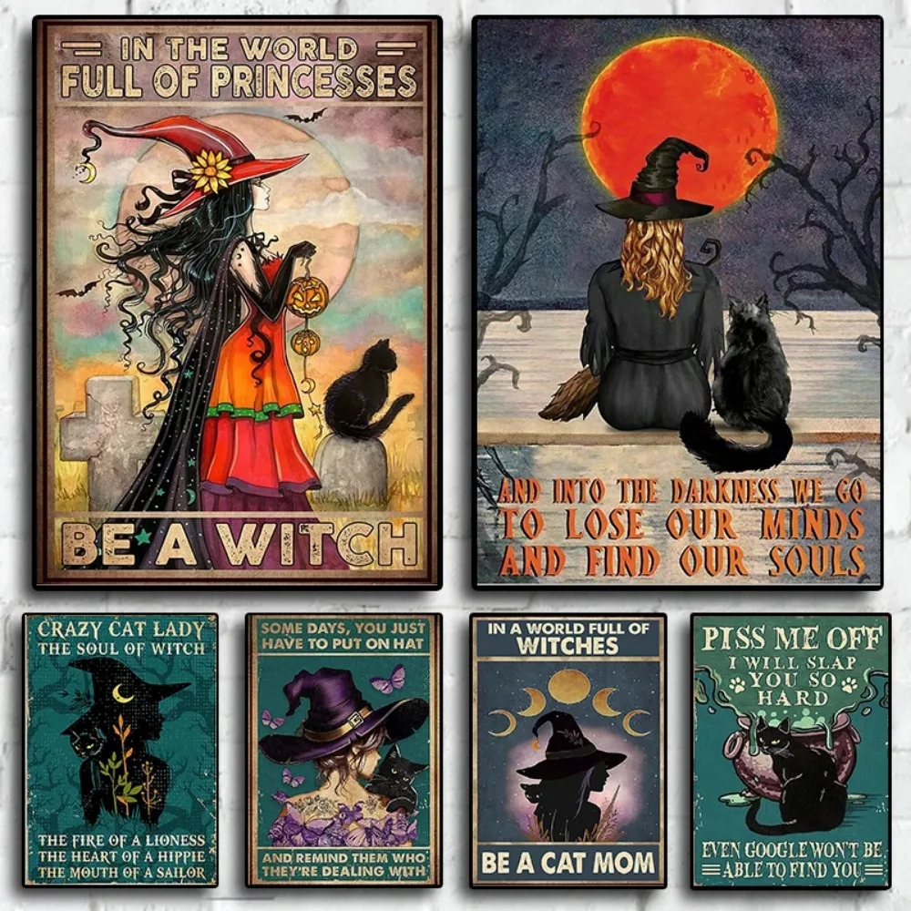 Black Cat Retro Halloween Posters Witch Witchcraft Magic Canvas Painting Vintage Wall Art Decoration Kitchen Kawaii Room Decor