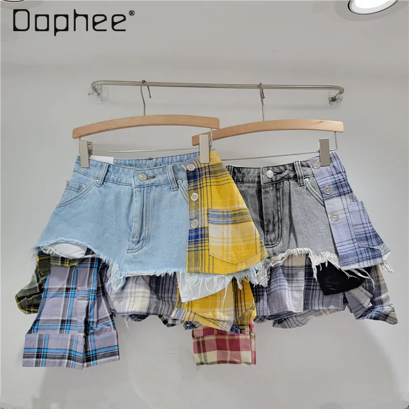 

Plaid Patchwork Mini Skirt Y2k Contrast Color Irregular High Waist A Line Raw Edge Denim Skirt Fashion Colored Deconstructed