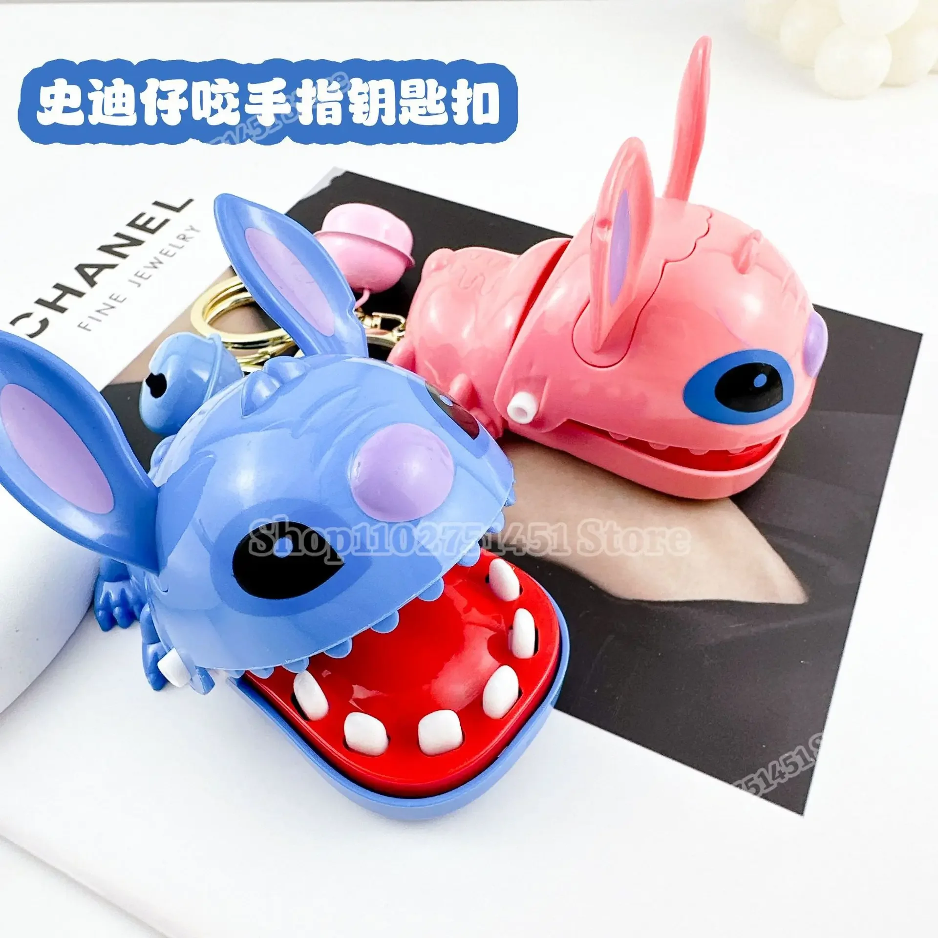 Disney Stitch Bite Finger Figures Keychains Anime Stich Angel Dentist Push Teeth Pendants Funny Toys for Kids Play Game Keyring