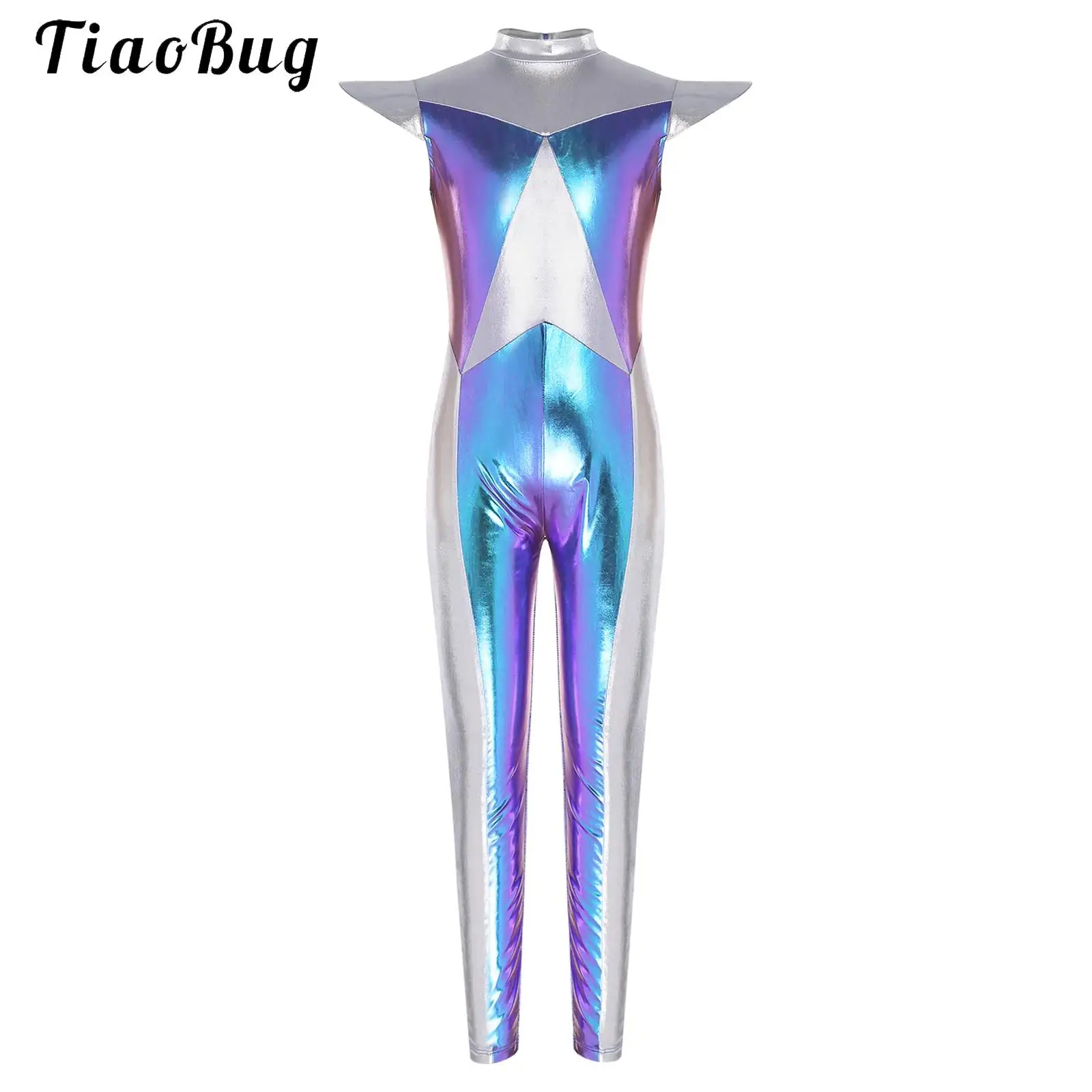 

Girls Boys Shiny Alien Outerspace Halloween Cosplay Costume Metallic Jumpsuit Full Body Suit Future World Theme Party Dress Up