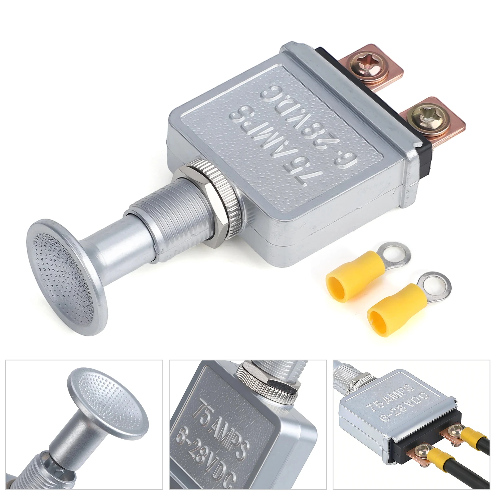75A Push Pull Switch 2 Position 6-28V DC SPST On Off Silver Plated Body with 2 Yellow Terminals For Automotive Trucks Off Road