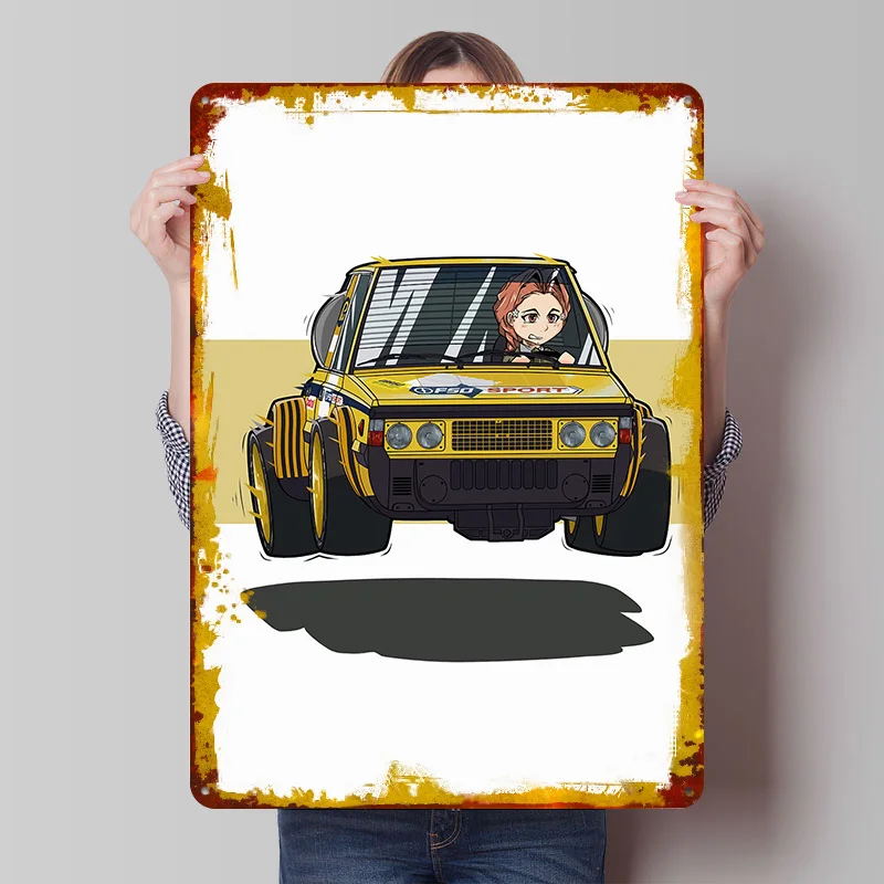 Anime-Mädchen Fährt Gelbes Auto Gedrucktes Poster Individualisierte Retro-Wandkunst Vintage Metallschilder für Heim-Raumdekoration Männer-Artikel