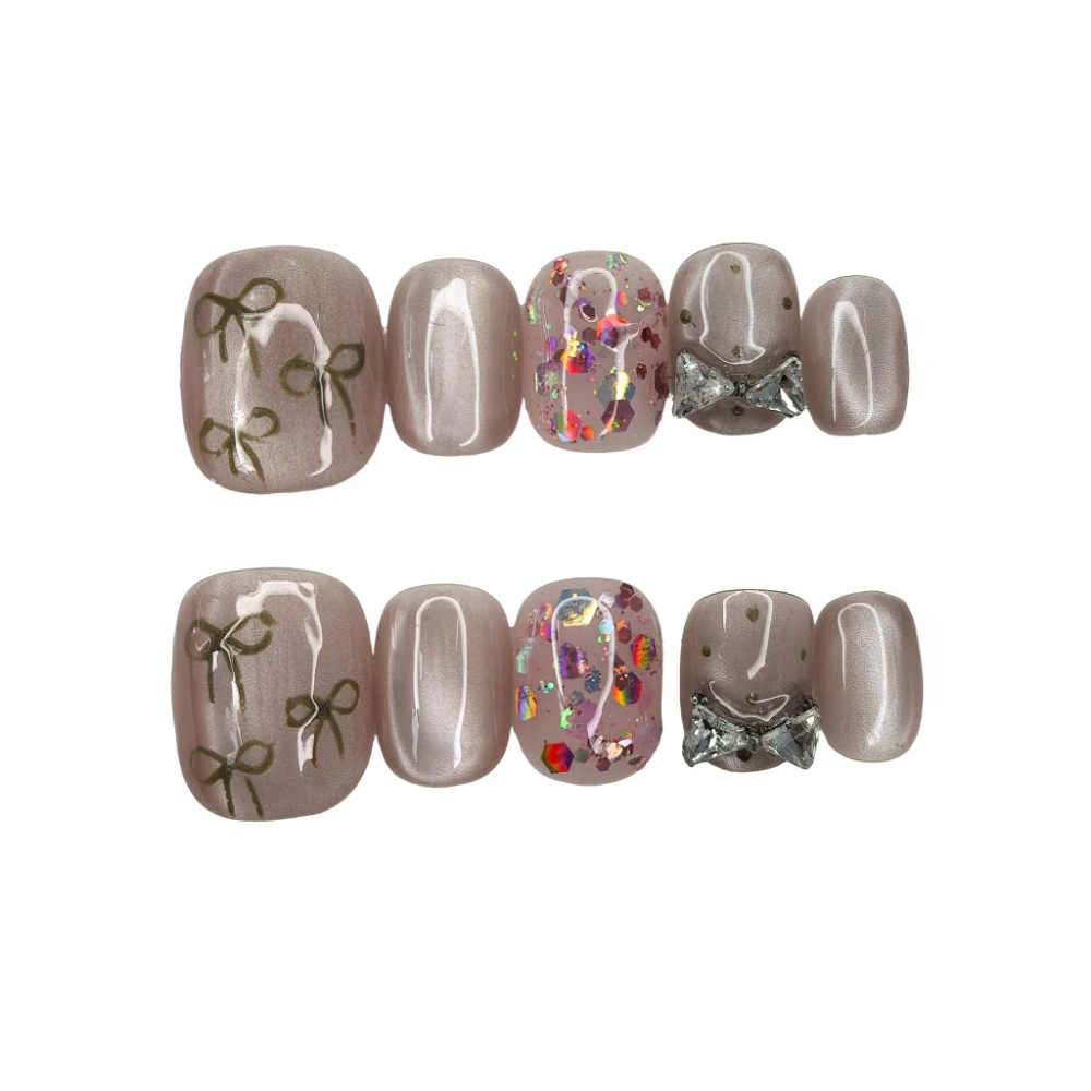 10 stück süße sexy kurze handgemachte nägel zum aufdrücken super glitzernde pailletten katzenauge schleife kunst künstliche nägel abnehmbar wiederverwendbar