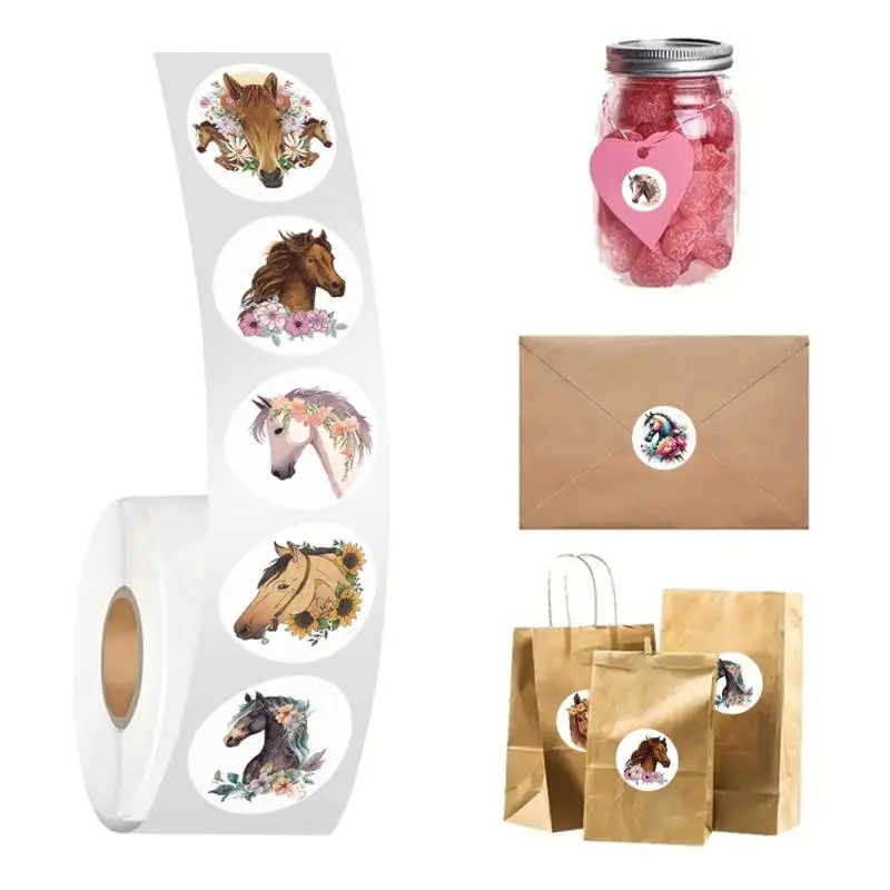 สติกเกอร์ลายการ์ตูนม้า 500 ชิ้น/ม้วน สติกเกอร์ลายสัตว์ ม้า ดอกไม้ การ์ตูน สติกเกอร์ปิดผนึก DIY PVC สติกเกอร์ติดแล็ปท็อป ตกแต่ง