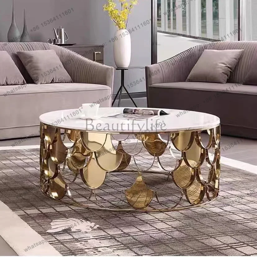 Beidao light luxury fish scale rock slab round glass coffee table modern simple stainless steel small tea table