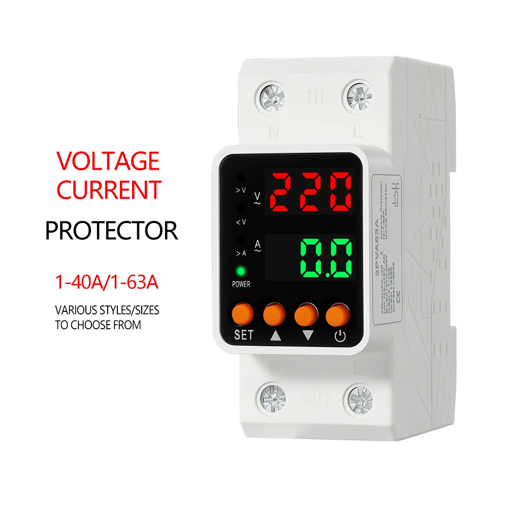 Digital Adjustable 40A 63A DIN Automatic Reset Overvoltage Undervoltage Overcurrent and Overload Protector for Household AC 220V