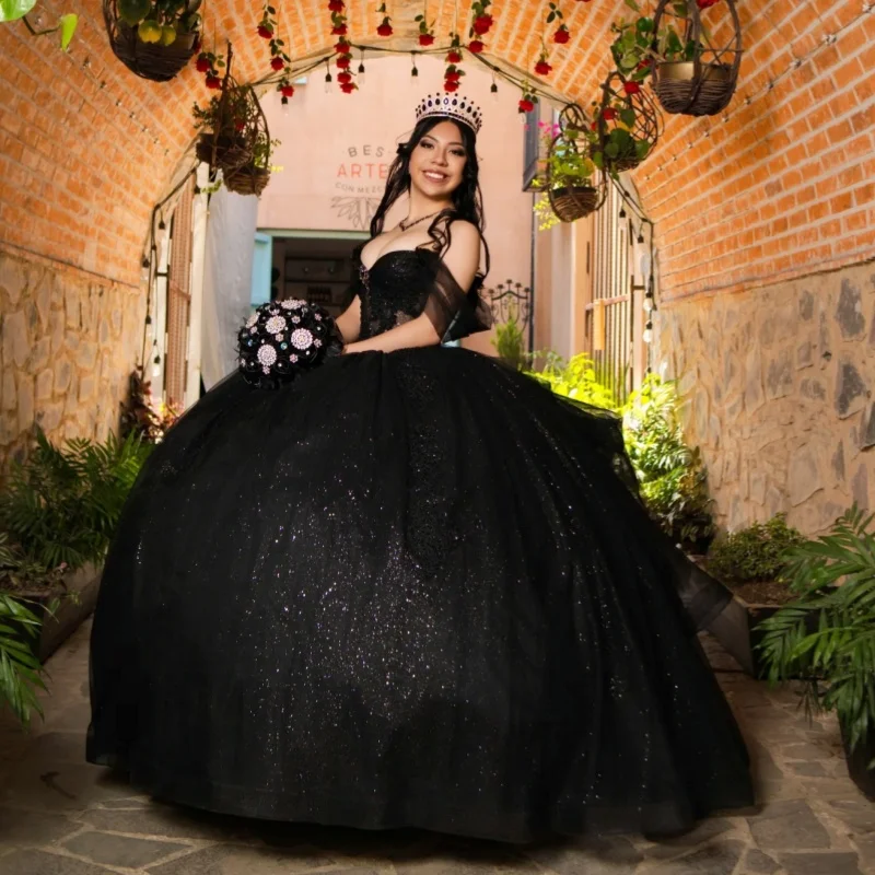 

Shiny Black Quinceanera Dresses Off the Shoulder Lace Layering Decal Long tail Bow Vestidoe 15 Quinceanera Customize