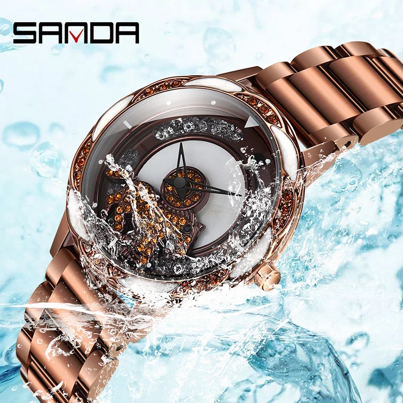 SANDA Luxury Quartz Watch Women Creative Design Carousel 360 Degree Rotation Dail Waterproof Ladie Watch Gift Relogio Feminino