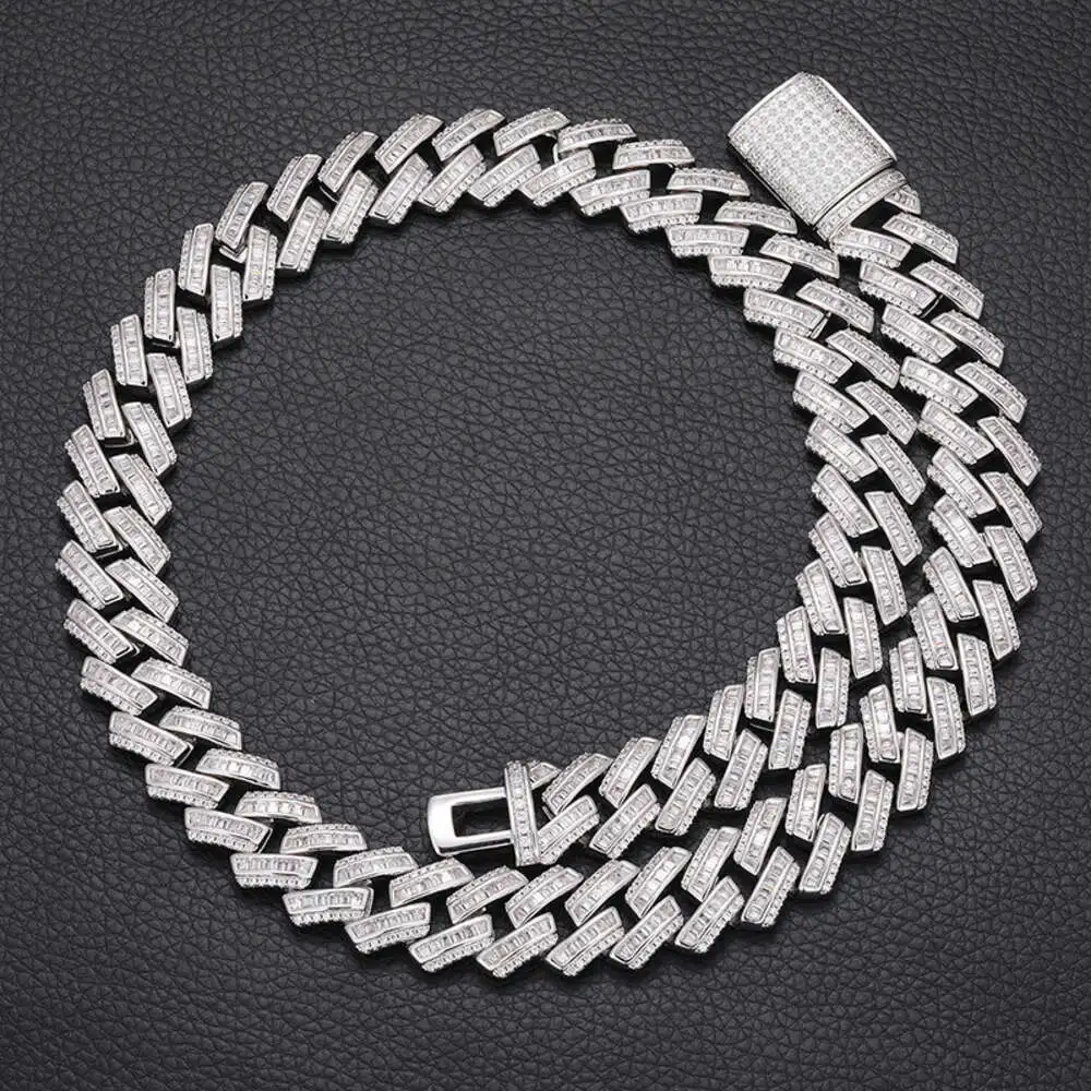 

Luxury 16mm Cuban Necklace Bracelet Pure 925 Silver Gra Certificate Baguette Moissanite Cuban Link Chain for Male