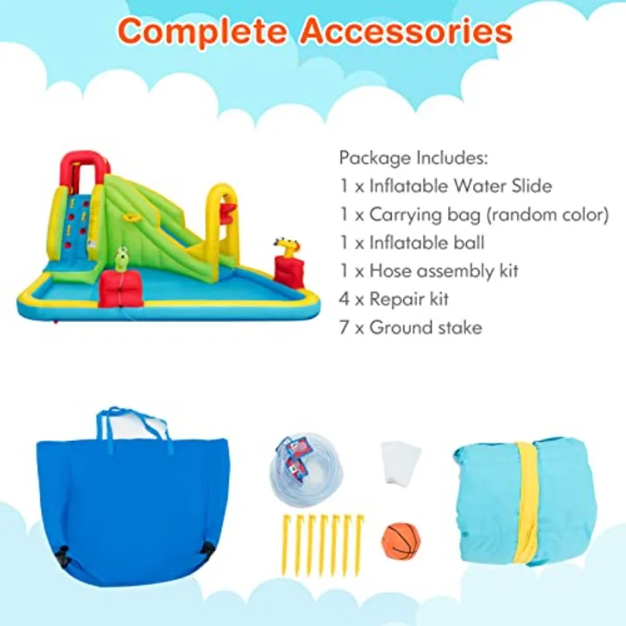 Inflatable Bounce House w/Slide, Climb Wall, Splash Pool, Water Cannon, Basketball Rim, Large Water Slide Park for Summer Indoor