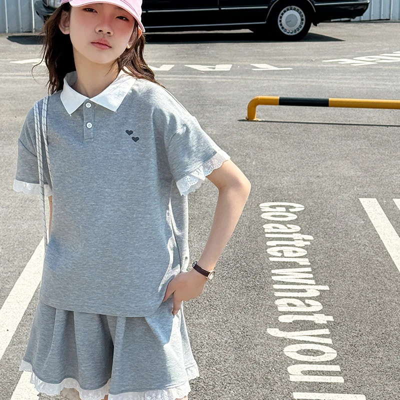 Girls' Sports Outfit Kids Korean Style Lace Trim Polo Two-Piece Set Summer Fashion Clothing