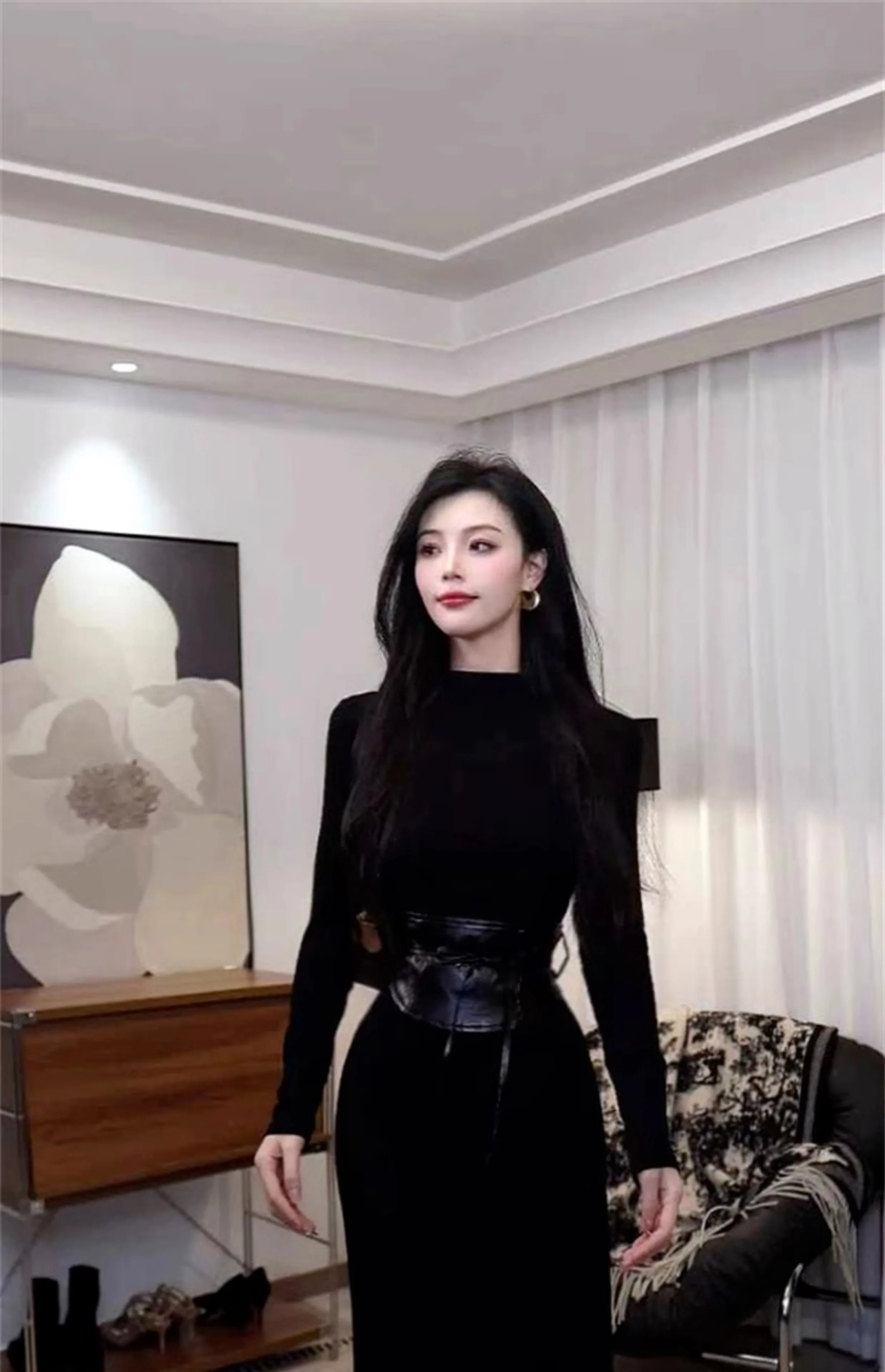 Dresses Long Sleeved Womens Dress Lady Autumn Modal Grayish Blue Half-Turtleneck Smocking Pleated Waistband Preppy Students Chic