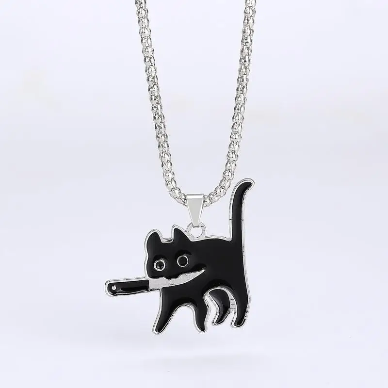 2023 Hip Hop Killer Cat Necklace for Women Men Cute Punk Retro Doodle Black Cat Pendant Chain New Jewelry Gift