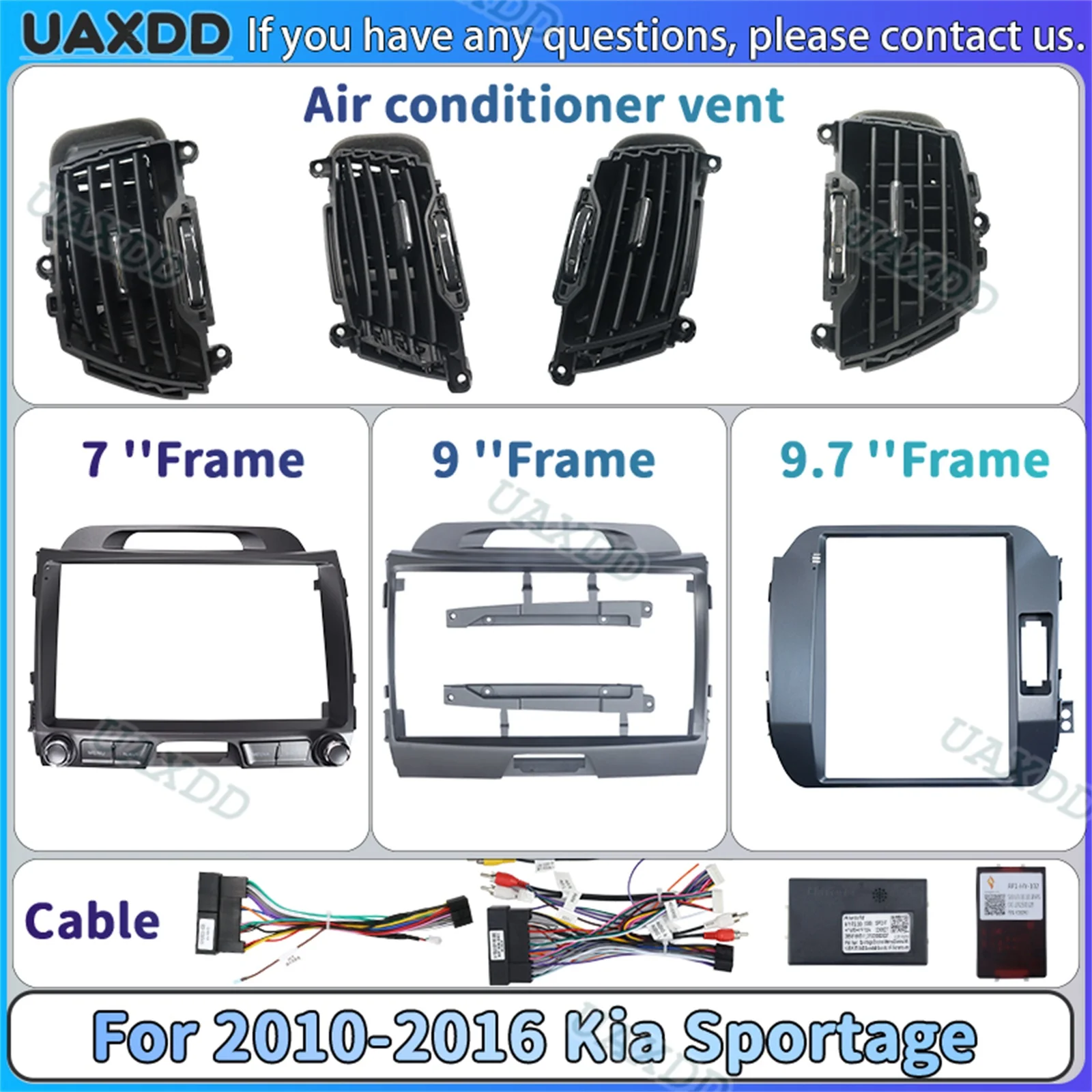Uaxdd 2 Din Car For Kia 2010-2016 Sportage Stereo Radio Android Frame Kit Panel Fascia Cable Video Harness Vent Grille Assembly