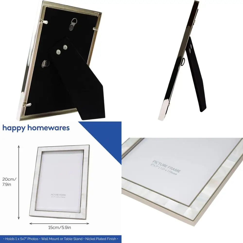 

Elegant Ivory Mother of Pearl Picture Frame, 5x7, with Nickel Trim, Black Velvet Back, Portrait/Landscape, for Table or Wall