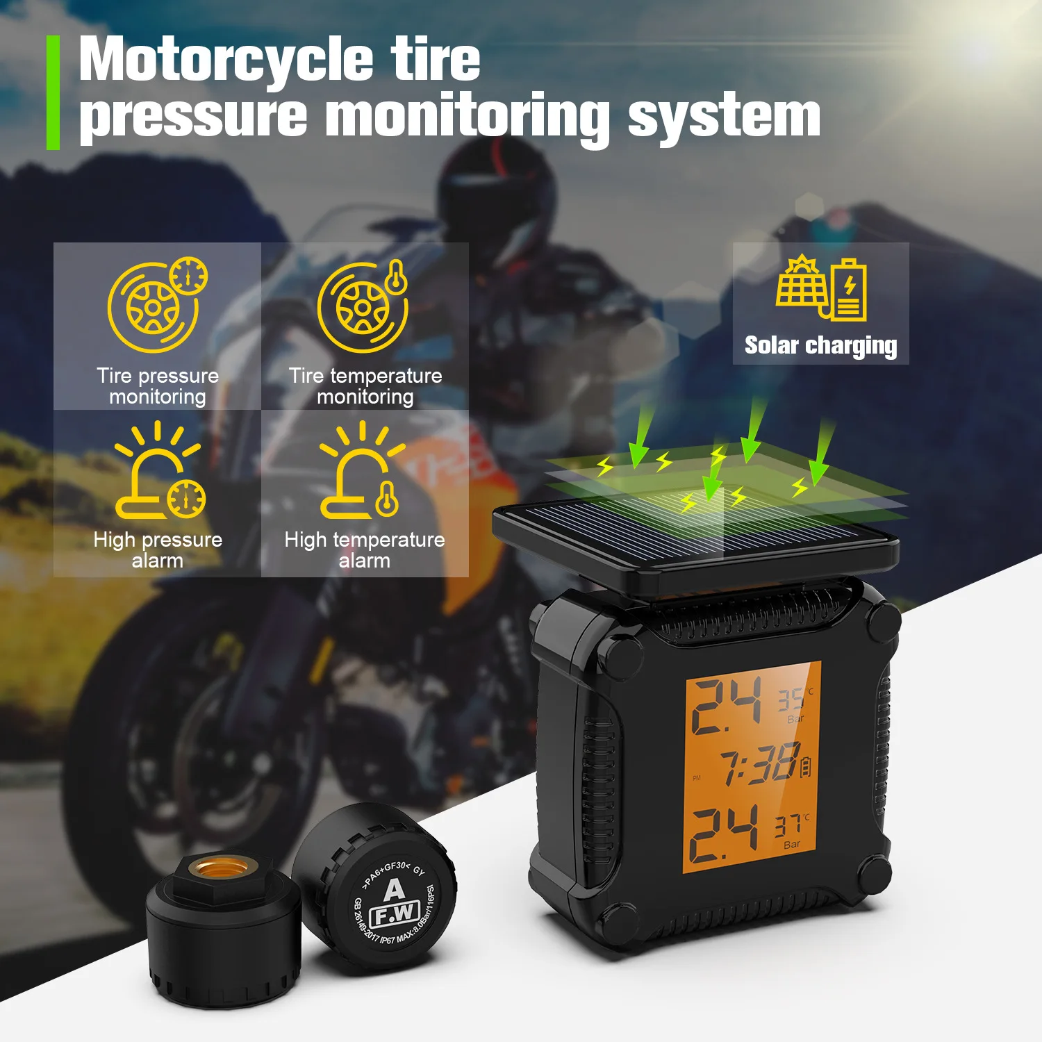 Tire Pressure Monitoring System Colorful Display Wireless TPMS Motorcycle Solar Charge Tyre Temperature Alarm Sensor Scooter
