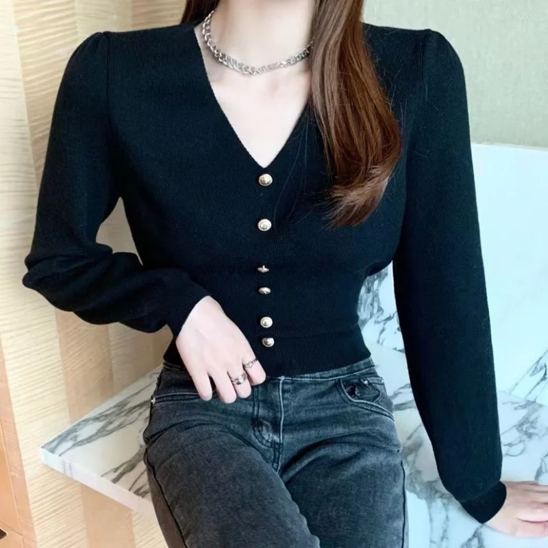 Fashion Vintage Long Sleeve Short Women Sweater 2024 Autumn V-neck Cardigan Elegant Solid Casual Knitted Tops