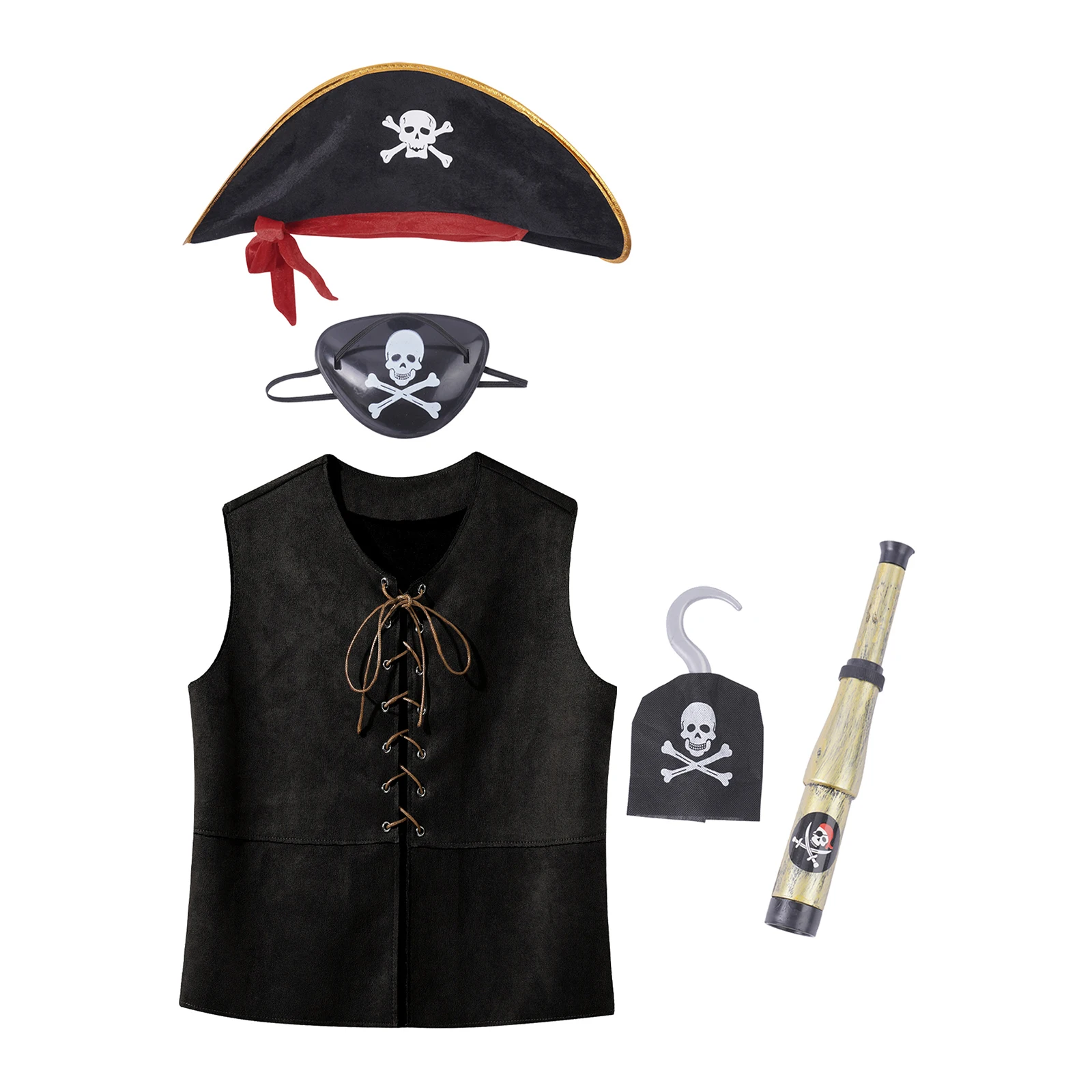 

Kids Pirate Captain Costume Halloween Theme Party Cosplay Sleeveless Lace-up Front Waistcoat with Hat Blindfold Telescope Hook