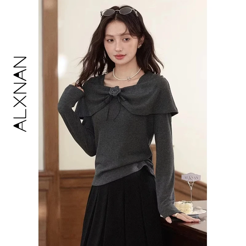 ALXNAN حجم كبير بلوفرات غير رسمية مائل الرقبة انفصال زهرة بروش سليم صالح تريكو لينة لطيف ركاب تاريخ الملابس D58518 #2