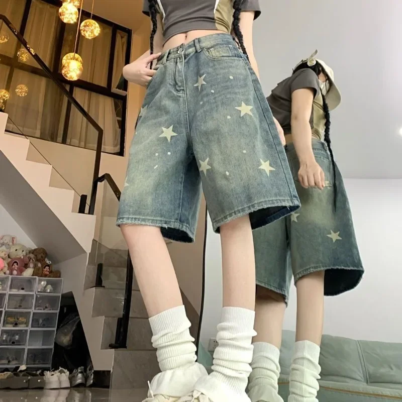 American Vintage Washed Star Denim Shorts For Women 2025 New Shorts Five-point Pants Summer Loose Straight Wide Leg Shorts