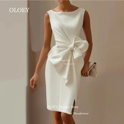 OLOEY Elegant Pleats Satin Bow Wedding Dress Customized O Neck Knee Length Straight Bridal Gown Sleeveless Zipper Formal Gown