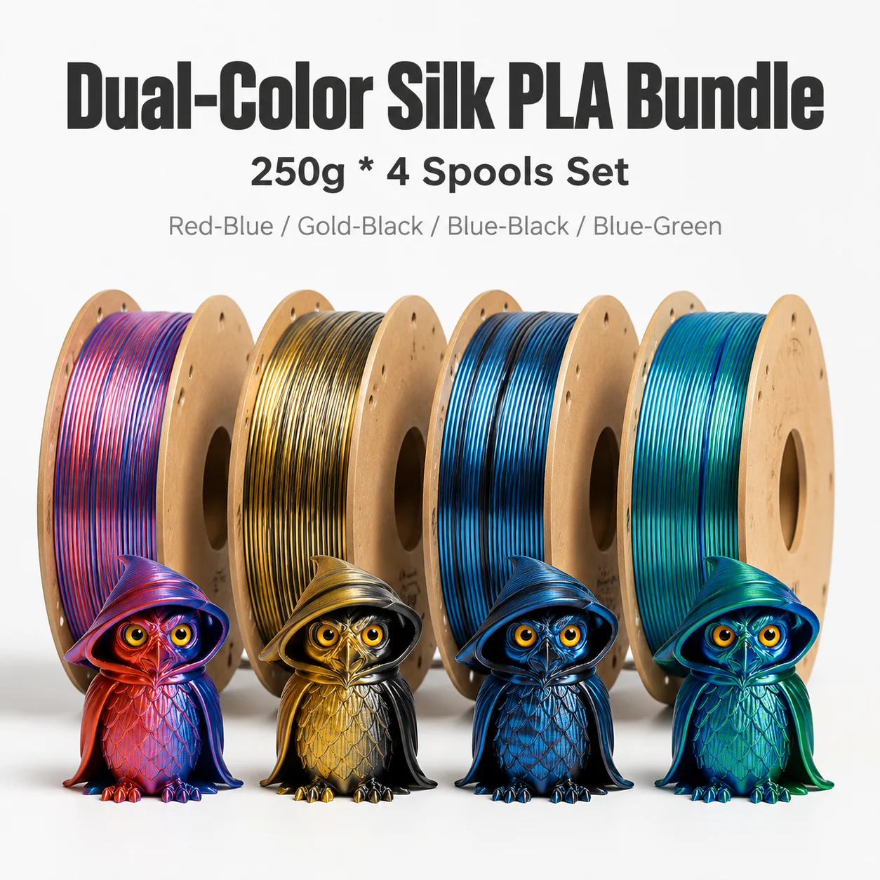Dual-Color Silk PLA Filament 1.75mm, 200/250/500/1000g, Fits Most FDM Printers; Blue-Red/Blue-Green/Blue-Black/Gold-Black