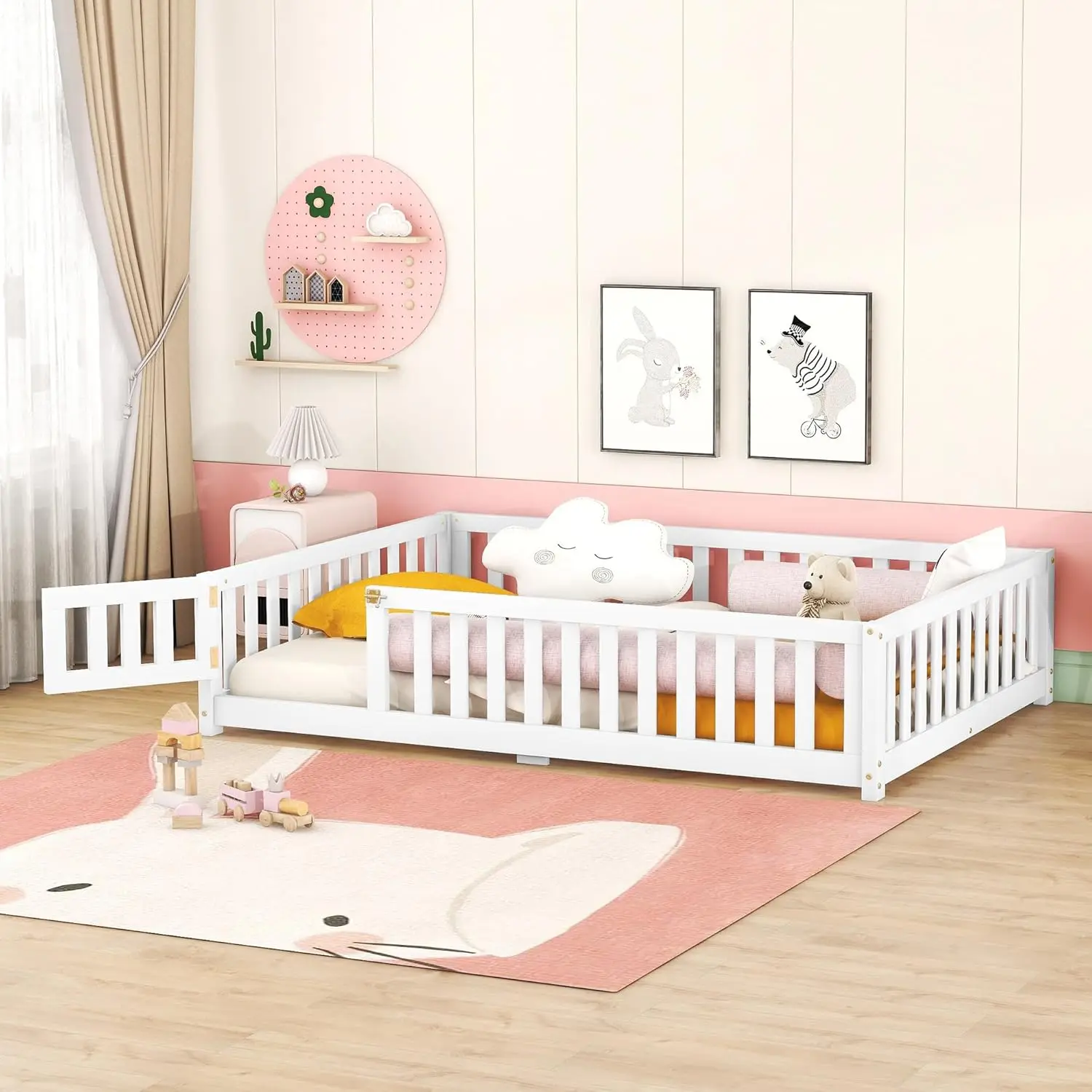 

Full Size Montessori Floor Bed Frame with Safety Fence & Convertible Door with Sturdy Soild Wood Slats Guardrails Child Bedroom