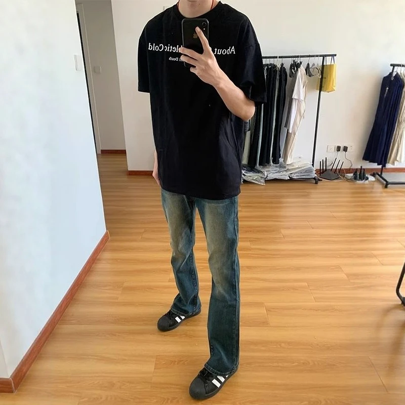 

Американские винтажные темно-синие джинсы для мужчин: универсальные, прямые, зауженные, повседневные летние джинсы для подростков