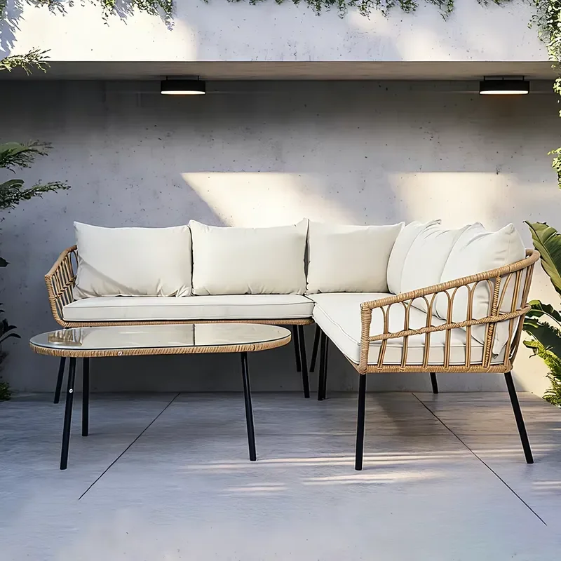 for Modern Outdoor Wicker Sofa Set L Shaped with Oval Glass Coffee Table and Cream Cushions for Patio Garden Relaxation