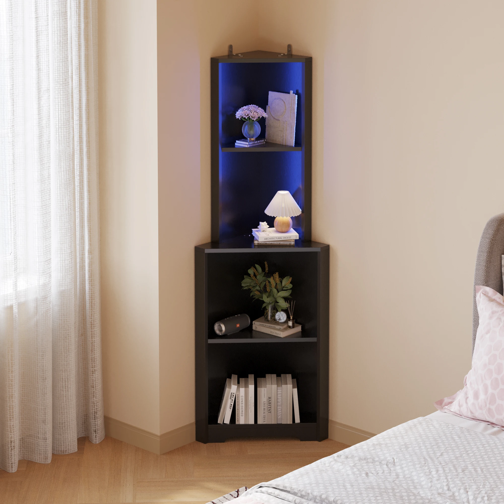 FCH 4-layer L-shaped corner display rack particle board 40*40*165cm black with LED light and power strip