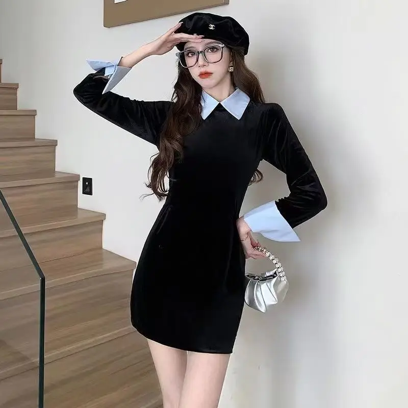 Korean Style Fake Two-piece Spliced Polo Collar Slim Fit Dress for Women with Autumn Temperament Versatile and Hip Hugging Skirt