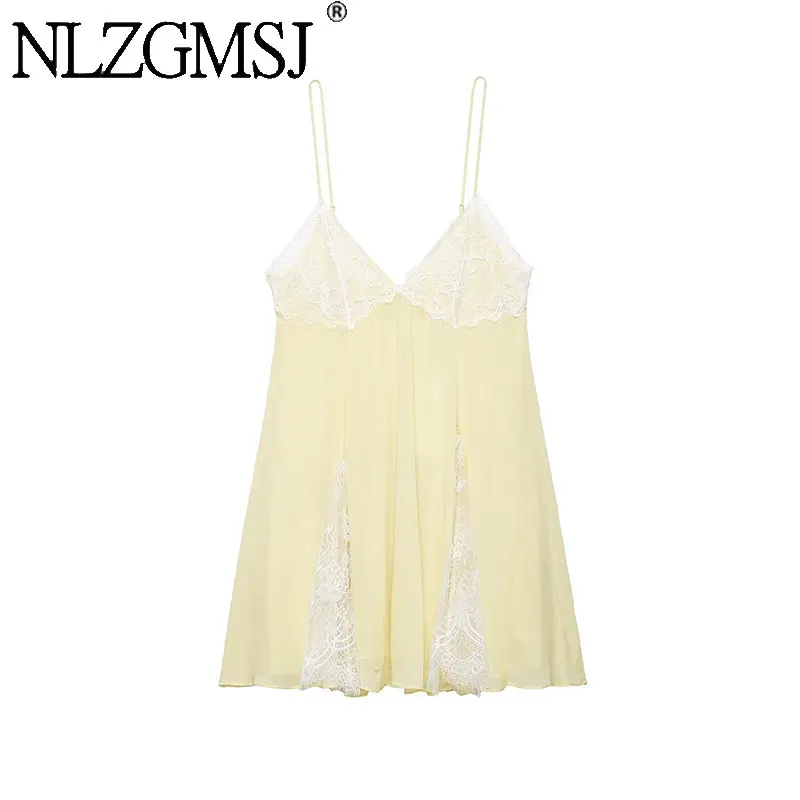 NLZGMSJ 2026 Frühling Sommer Süßes Spitzenkleid mit Trägern Damen Strandkleid Kurzes Kleid Neues Schickes Romantisches Damenkleid