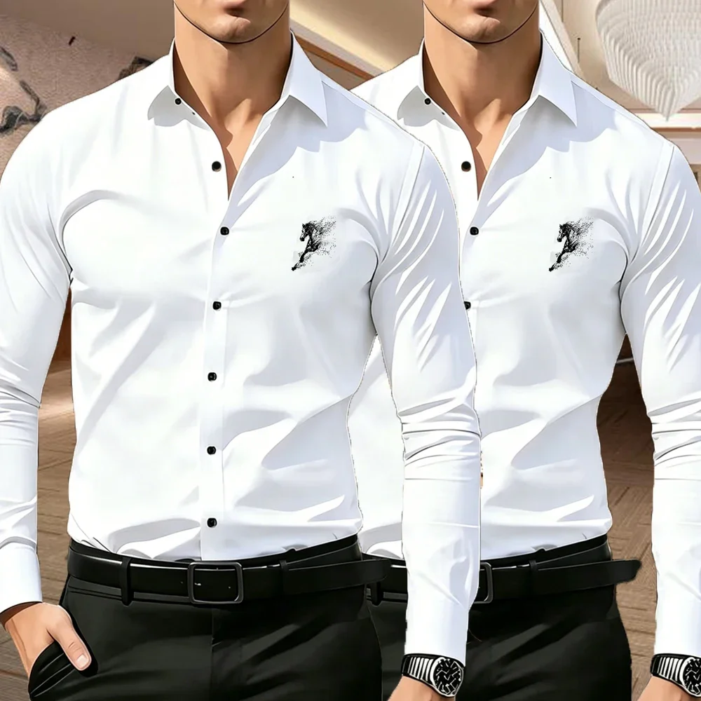 2pcs Men's Business Casual Long Sleeve Shirts with Chest Horse Print Premium Business Casual Shirt Slim Fit Long Sleeve 5 Colors