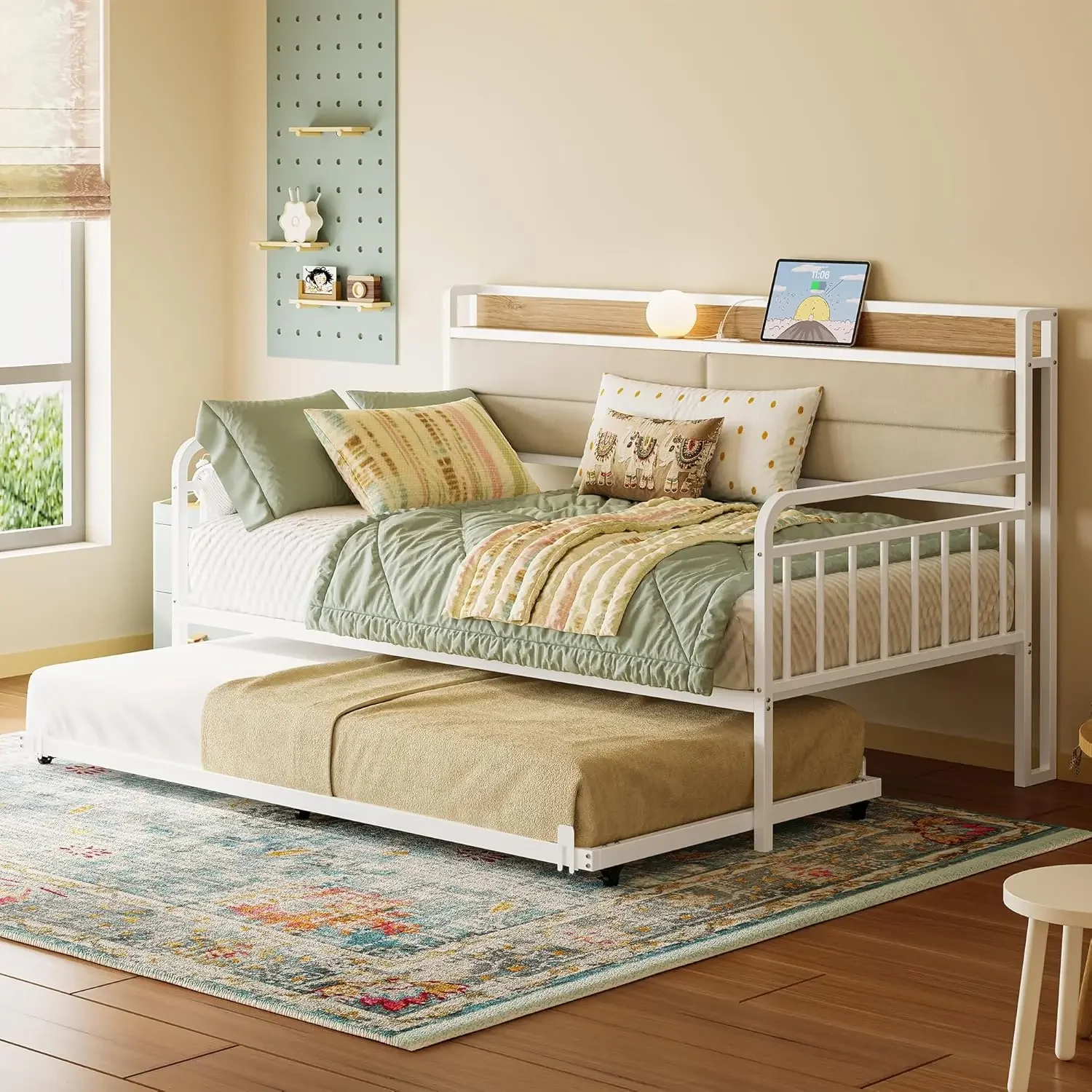 Daybed with Trundle, Sturdy Metal Twin Bed Frame with Upholstered Headboard and Charging Station for Living Room, Bedroom