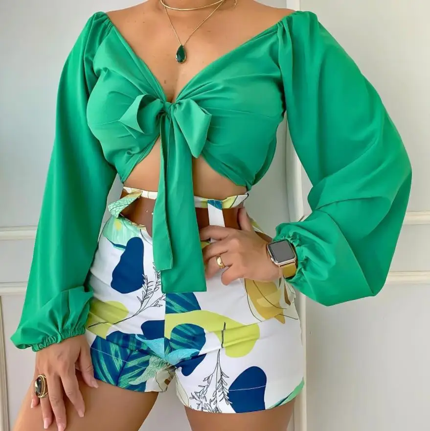 

Women Two Piece Short Sets V Neck Lace Up Tops High Waist Print Shorts Suits Sexy Beach Slim Fit Full Sleeve Tops Summer 2024