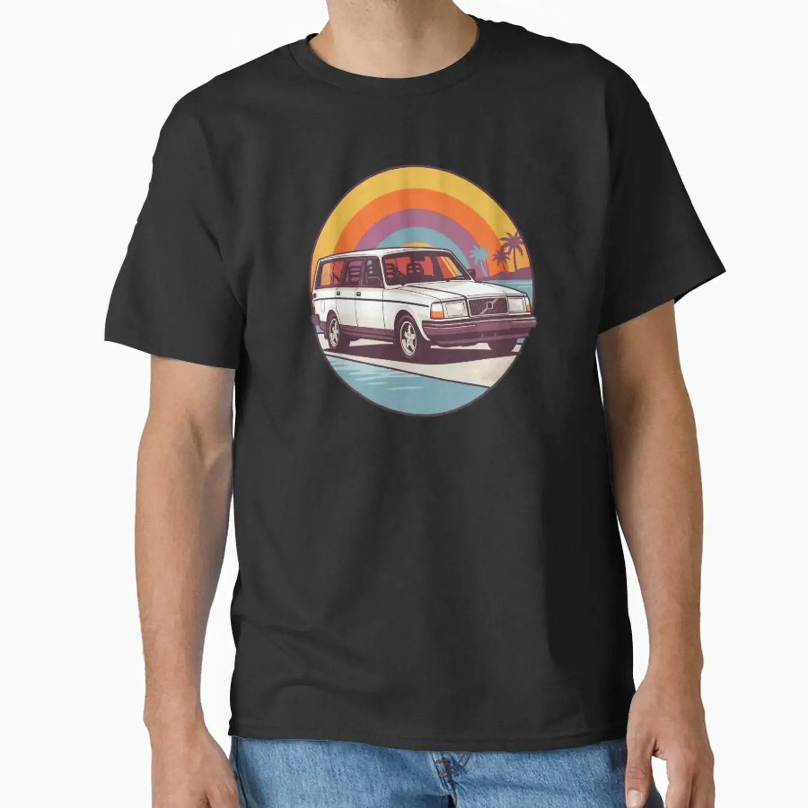240 Wagon White Circle Retro Sunset 80s Style Art designed and sold by Off Road Zone vintage Washed Comfortable fashion