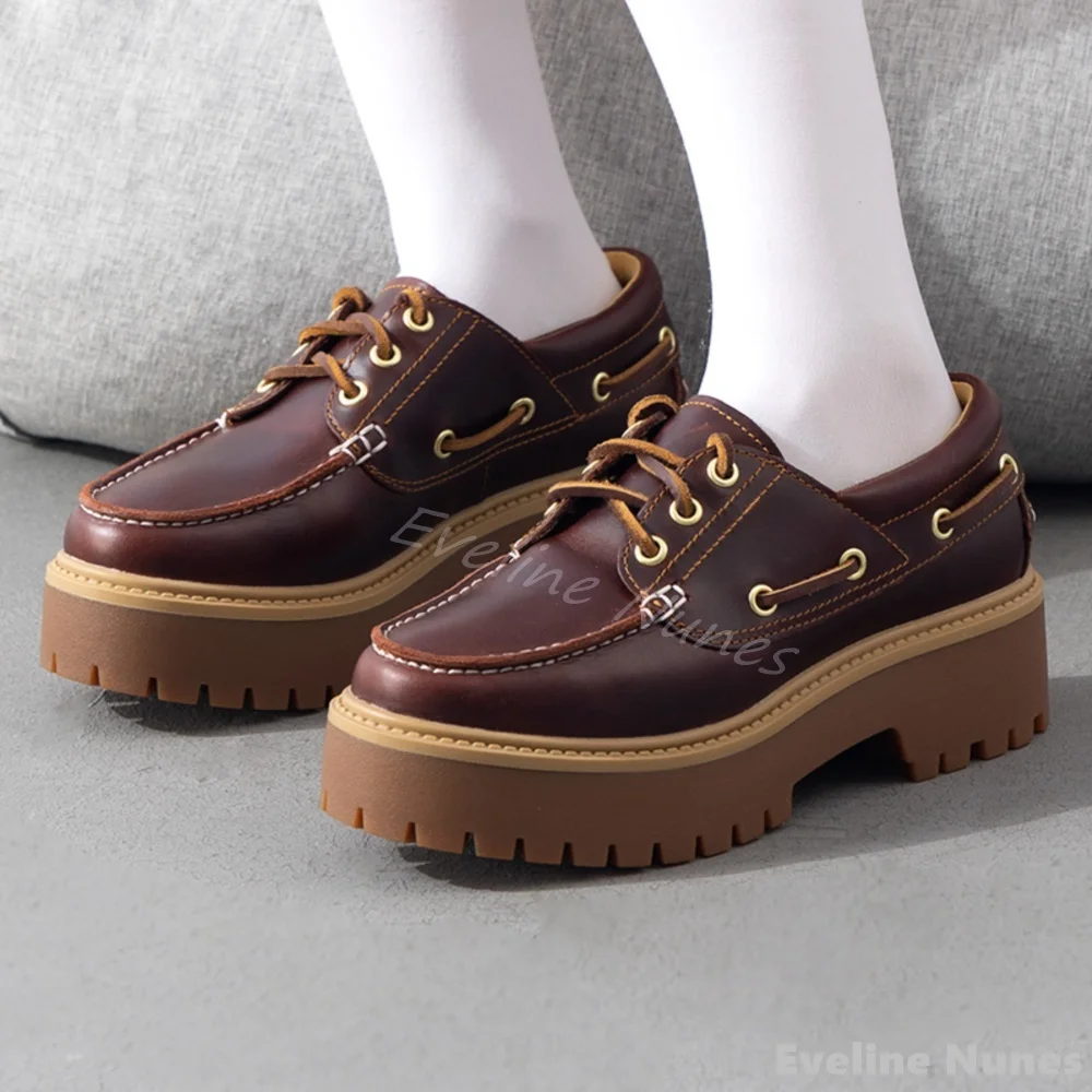 Cow Genuine Leather Soft Bottom Loafers Shoes Women Cross Strap Platform Chunky Heel Brown Casual Shoes 2024 Fashion Sports Shoe