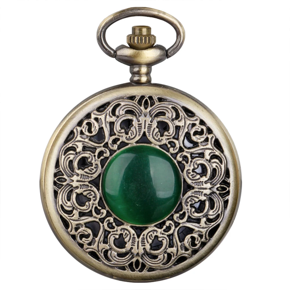 Steampunk hueco verde cristal Esmeralda imitación piedra cuarzo reloj de bolsillo collar mujer Fob reloj joyería colgante cadena