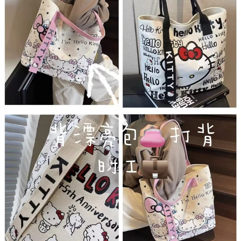 

Hello Kitty Canvas Tote Bag Large Capacity Cute Cartoon Print Red Strap Versatile For Women Students Commute Outdoor Daily Use