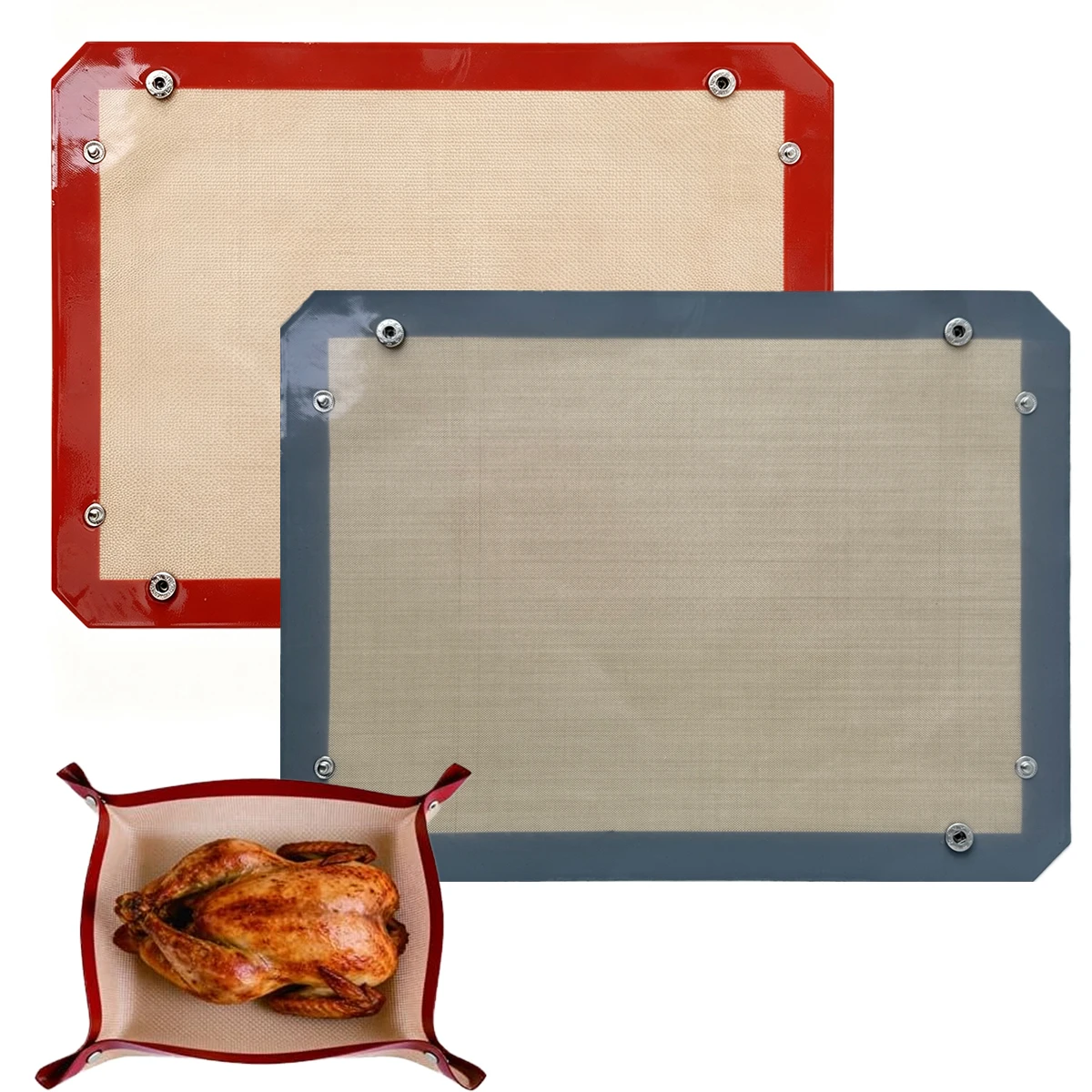 Non-Stick Silicone Fiber Baking Mat with Buckle, Reusable Corners Snap Together to Form Leakproof Baking Tray, Oven Mat