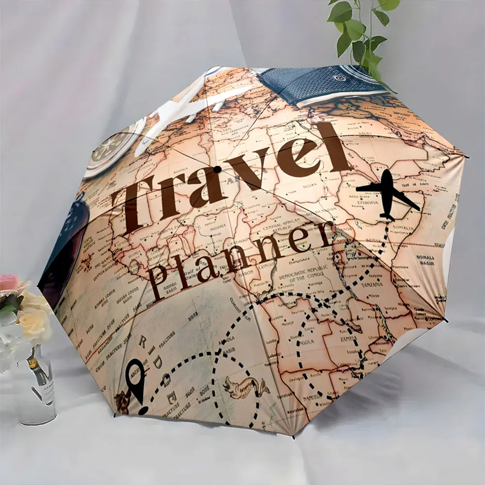 1PC Travel Planner Umbrella: An Exploration Art Print 8 Iron Ribs Folding Umbrella Auto-Open Fashion Sunshade