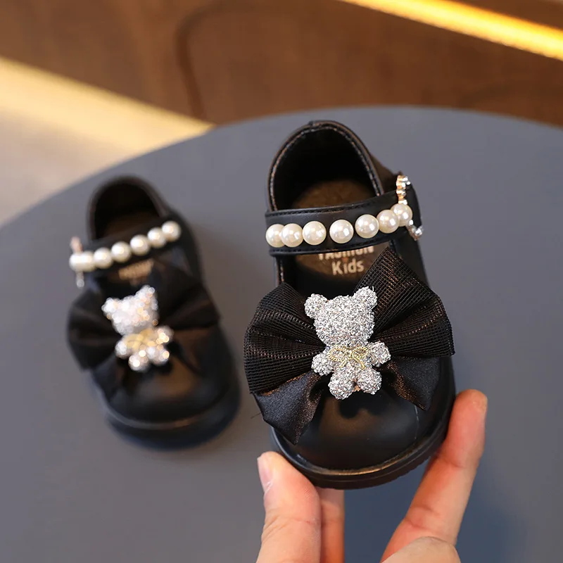 Congme 0-4Yrs Baby Girls Leather Shoes Newborn Toddler Kids Bow Pearl Flat Shoes Cute Crystal Bear Princess Shoes Dress Shoes