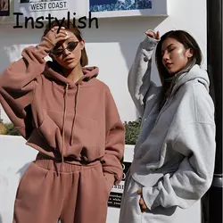 Women Fleece 2 Pieces Set Hoodies Suit 2023 Spring Winter Sweatshirt and Sport Sweatpants Set Vintage Y2K Streetwear Tracksuit