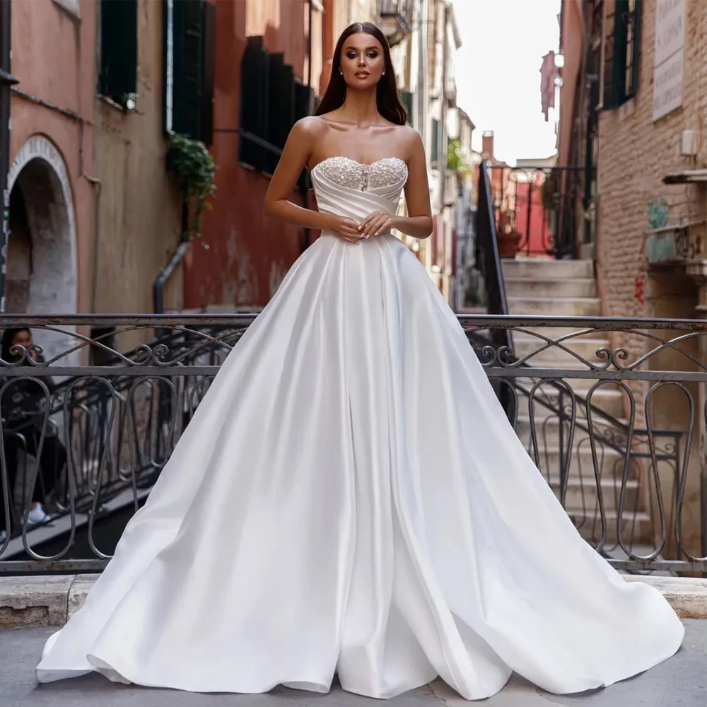 Customized Elegant Sweetheart Strapless Wedding Dress For Woman Bride Pearl Sparkle Satin Princess   A-line Bridal Gown