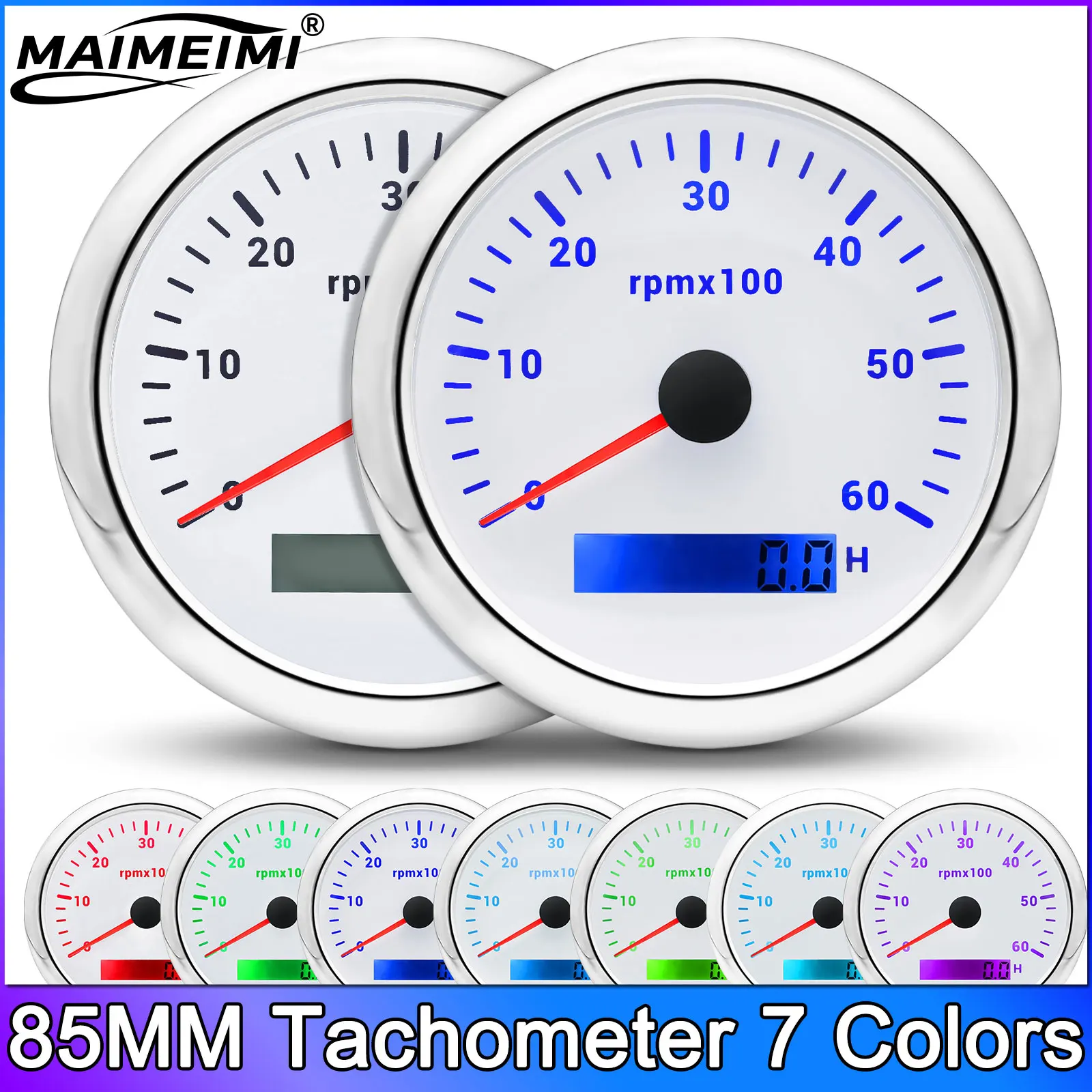 

85MM Tachometer 7 Colors Light 0-6000 RPM 12V/24V RPM Gauge Tacho Meter with LCD Hourmeter for Diesel Car Boat