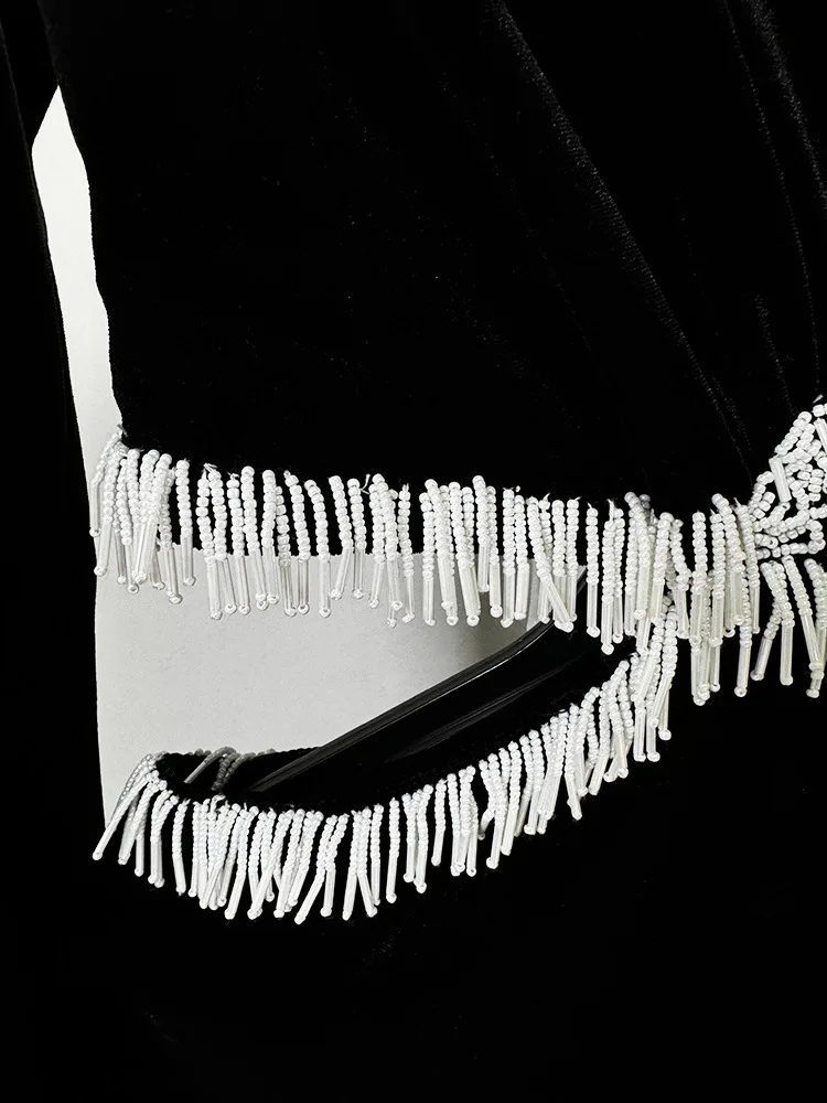 Alta calidad 2025, los más nuevos vestidos de diseñador de moda, vestido calado de terciopelo con cuentas de manga larga para mujer