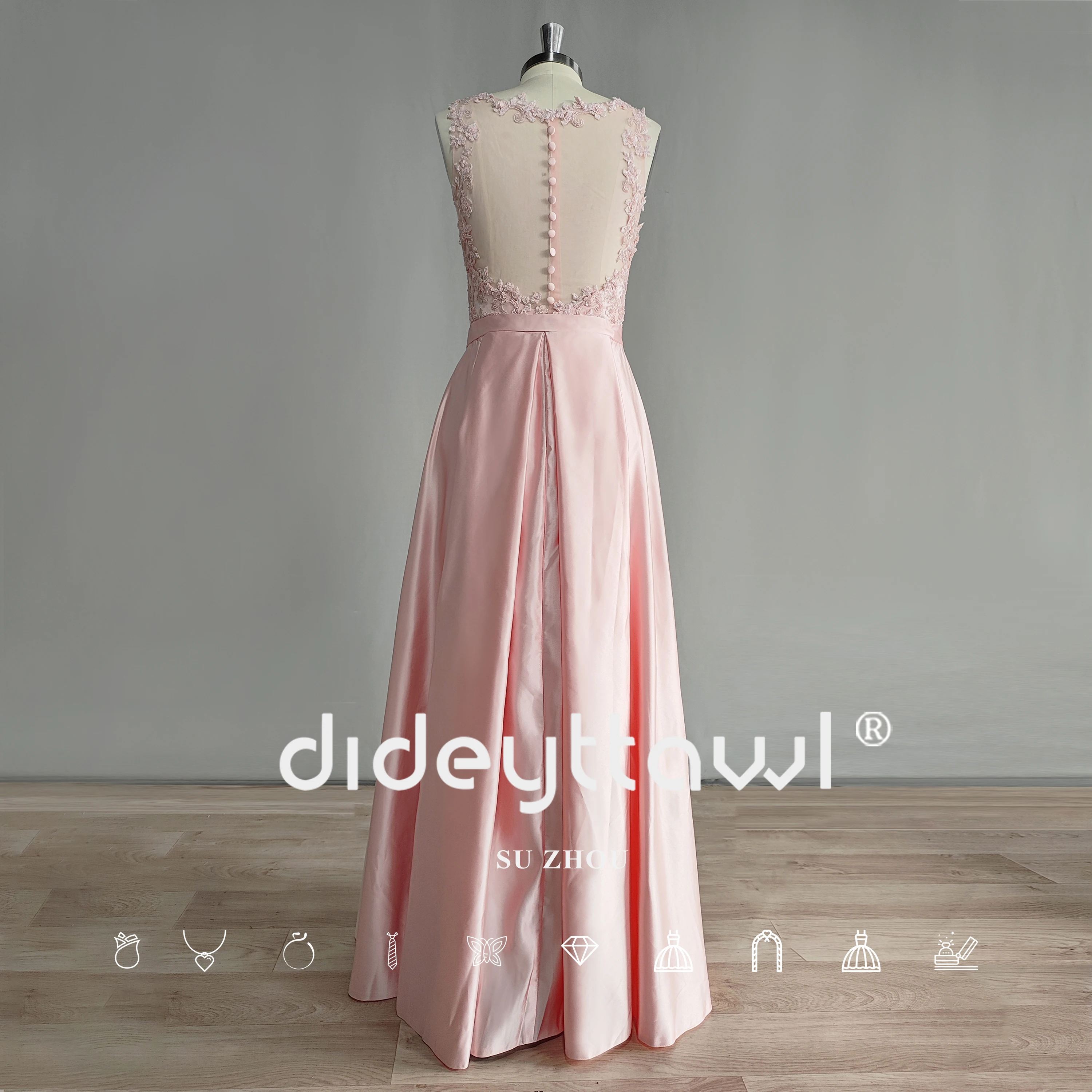 DIDEYTTAWL Real Photos Pink Sleeveless O Neck Evening Dress Beaded A Line Sheer Back Satin Floor Length Prom Gown