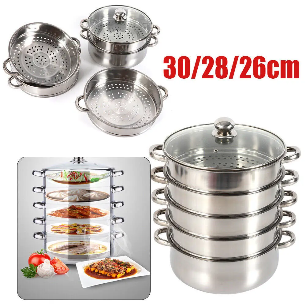 

26/28/30CM 5 Tier Cook Food Veg Pot Large Stainless Steel Steam Cooker Steamer Kitchen