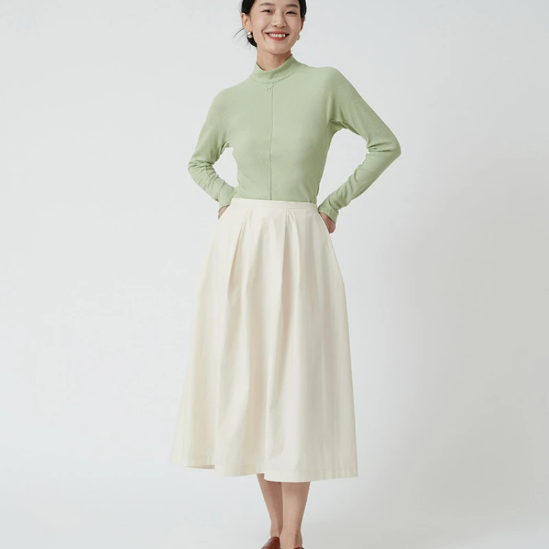 Summer  Skirts for Women Cotton Mid-length Simple Temperament Solid A-line Bust Skirts Pleated Waist Commute Grace Beige Clothes